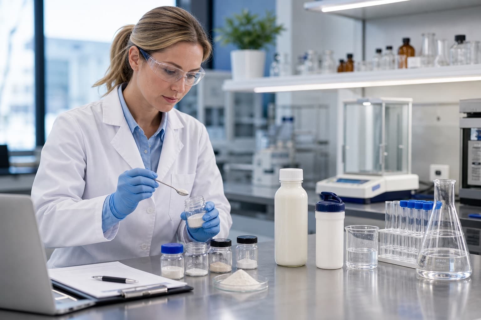 European nutrition scientist evaluating powder samples for 3'-SL Sodium Salt application