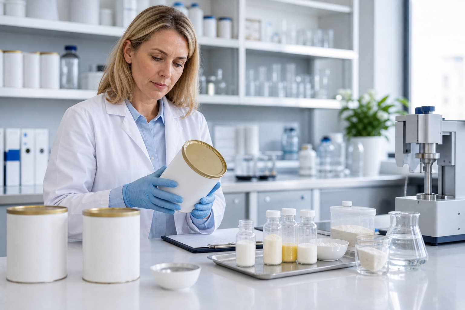 European nutrition scientist reviewing prototype infant formula packaging for LNnT application