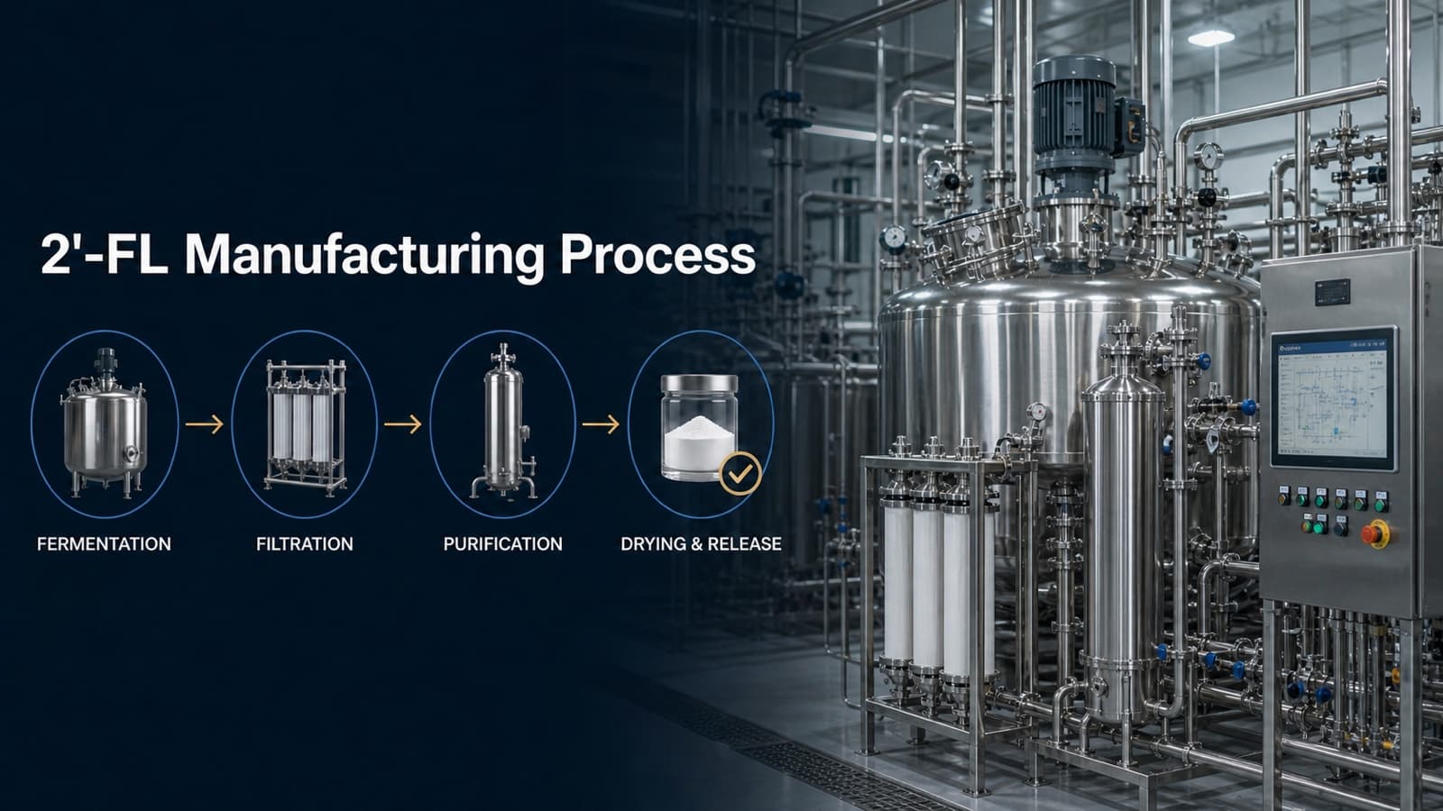 2'-FL fermentation, filtration, purification, drying, and release process beside food-grade manufacturing equipment