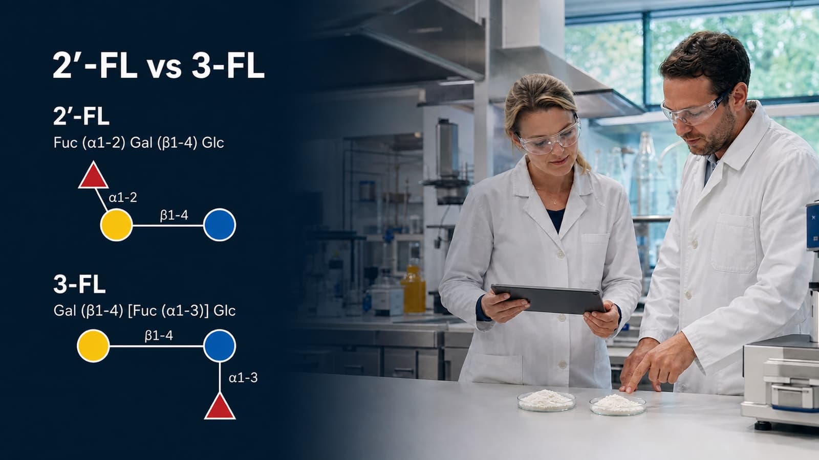 Nutrition formulation scientists with a 2'-FL and 3-FL glycan structure comparison