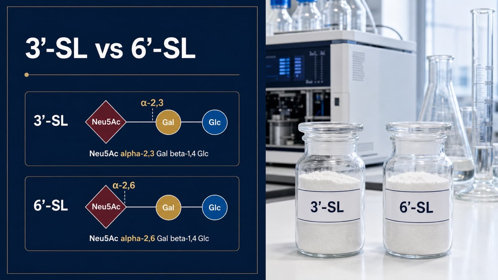 3'-SL alpha-2,3 and 6'-SL alpha-2,6 glycan structures beside two HMO powder samples and analytical laboratory equipment