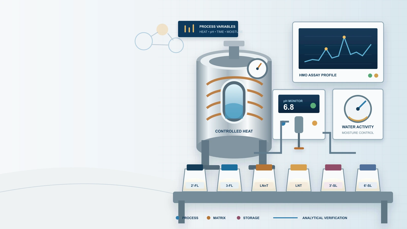 HMO processing stability laboratory showing heat, pH, moisture, time, six HMO samples, and analytical testing without people