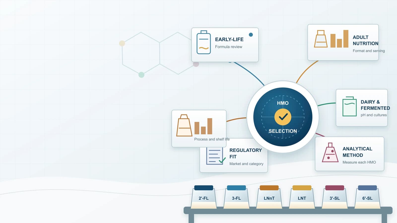 Six HMO ingredient samples connected to infant formula, adult nutrition, beverages, fermented foods, supplements, and analytical review without people