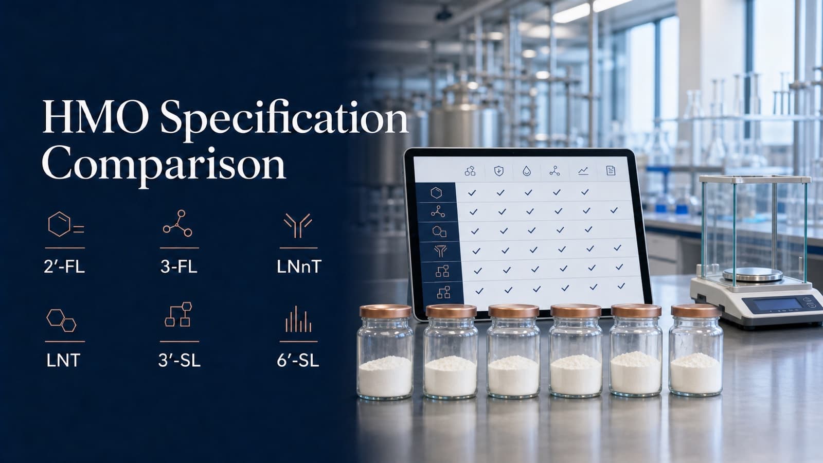 Six HMO powder samples with a specification comparison table and precision balance