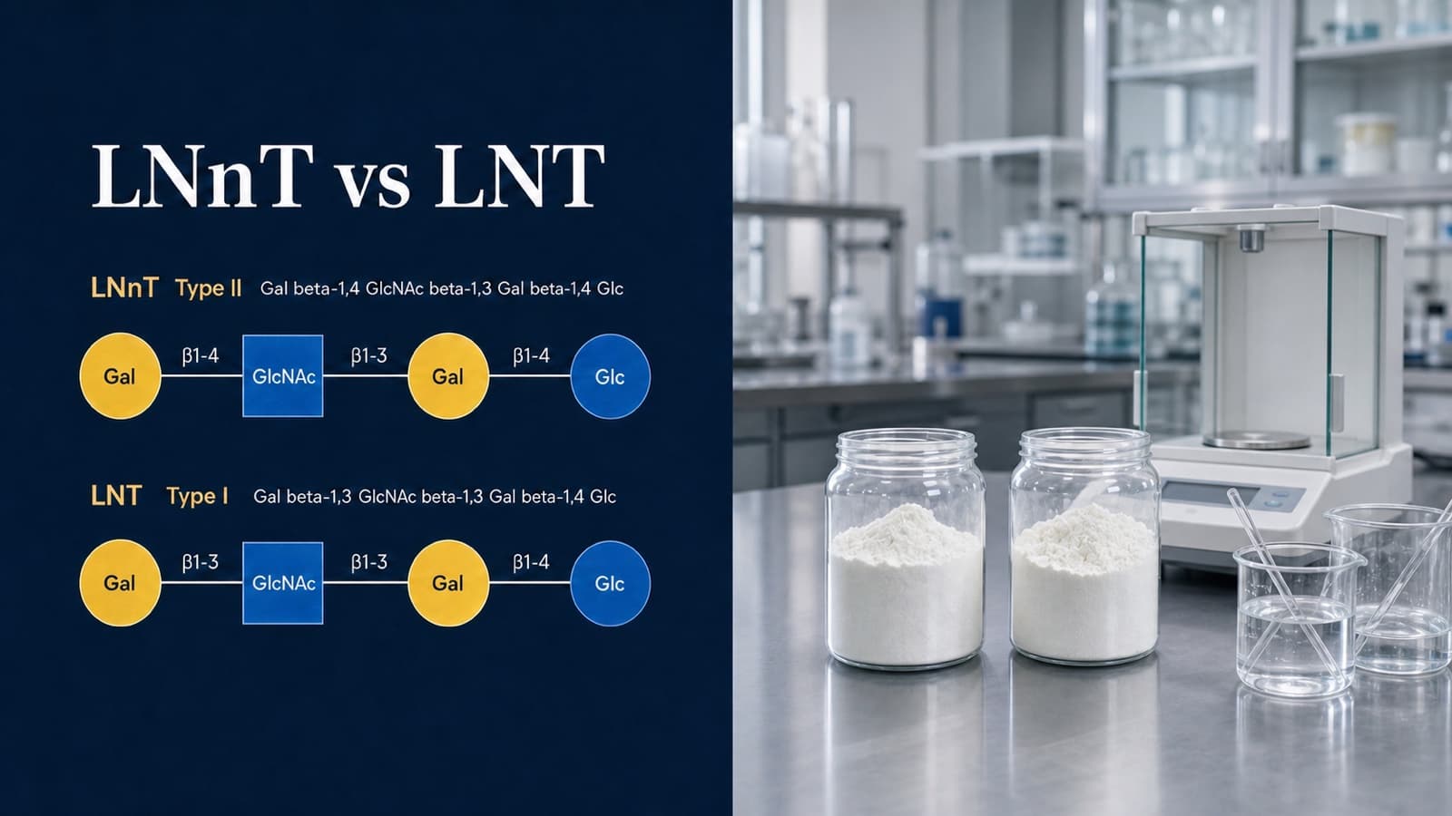 Type II LNnT and Type I LNT glycan structures beside two HMO powder samples in an analytical laboratory