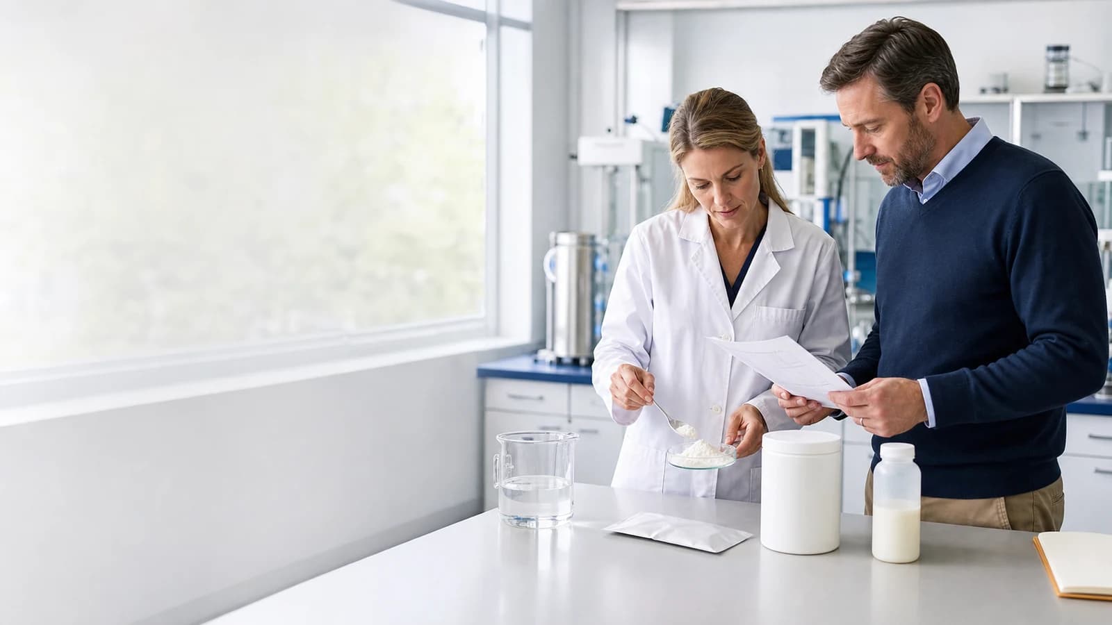 Nutrition product scientist and product developer reviewing HMO powder in a food application laboratory