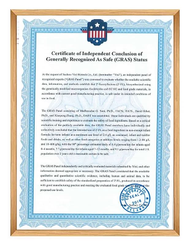 GRAS Status Certificate for HMO manufacturing qualification